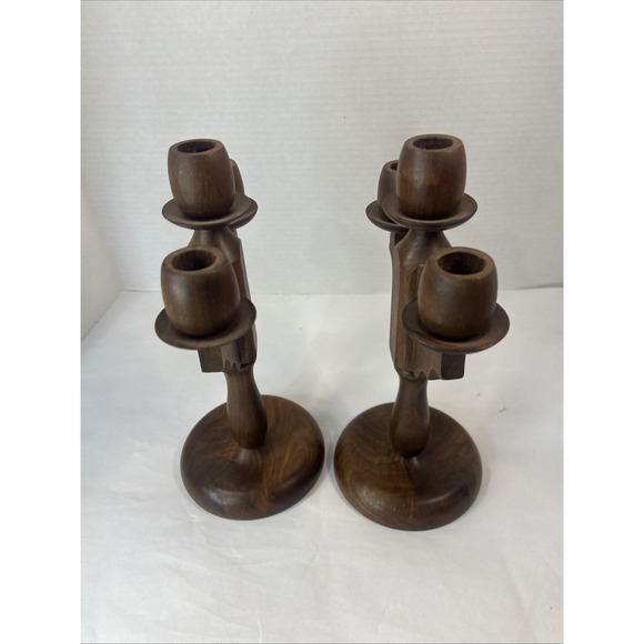 Vintage Wooden Handcrafted Three Candelabra Candle Holder Pair (2) - Picture 12 of 16